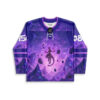 Purple psychic cat silhouette jersey with floating rocks and lightning, front view on white background