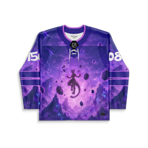 Purple psychic cat silhouette jersey with floating rocks and lightning, front view on white background