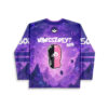 Purple cosmic mountain jersey back featuring “WHOISZOEY?” and pink-black masked figure, studio view