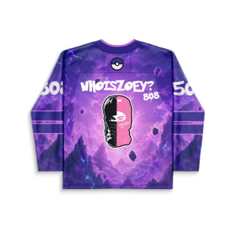 Purple cosmic mountain jersey back featuring “WHOISZOEY?” and pink-black masked figure, studio view