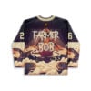 Occult fantasy mountain-and-cloud jersey back featuring jagged “FARMER FOL” lettering, orange skull emblem, and numbered