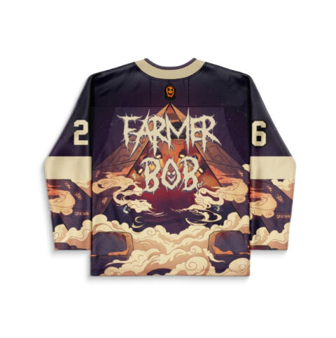 Occult fantasy mountain-and-cloud jersey back featuring jagged “FARMER FOL” lettering, orange skull emblem, and numbered