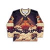 Occult fantasy mountain-and-cloud jersey front with glowing lanterns, laced neckline, illustrated figure, and numbered