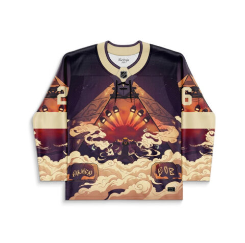 Occult fantasy mountain-and-cloud jersey front with glowing lanterns, laced neckline, illustrated figure, and numbered