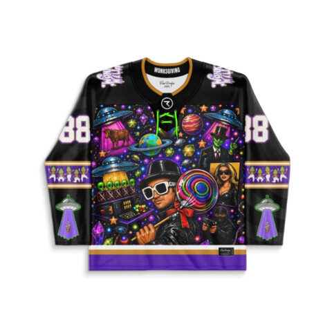 Black cosmic psychedelic jersey front with planets, aliens, surreal figures, and “WONKSGIVING” collar text