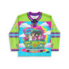 Neon acid-trip bus design with cartoon animal passengers, colorful clouds, and floral details, front view