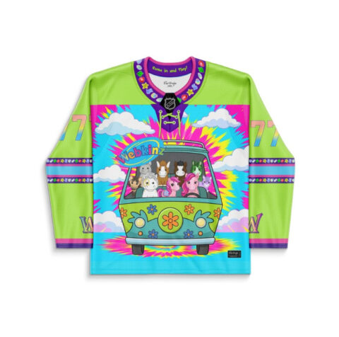 Neon acid-trip bus design with cartoon animal passengers, colorful clouds, and floral details, front view