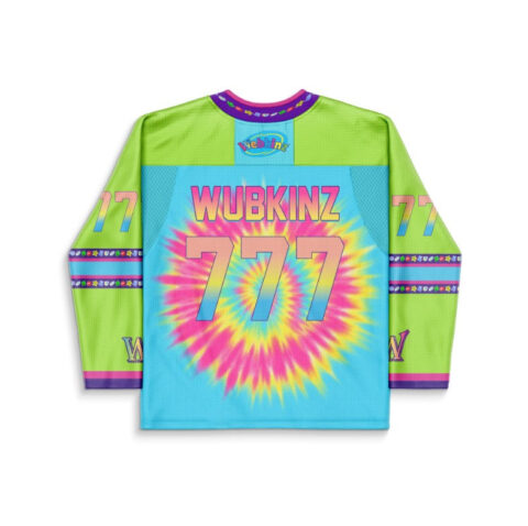 Neon acid-trip burst pattern with oversized 777 lettering and colorful striped cuffs, back view