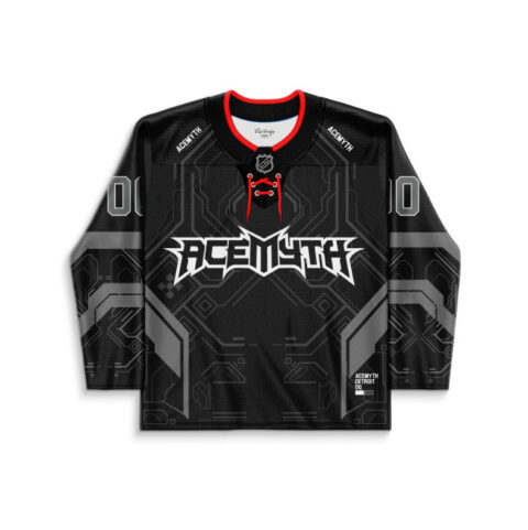 Futuristic circuit jersey front view with red lacing and angular ACEMYTH lettering