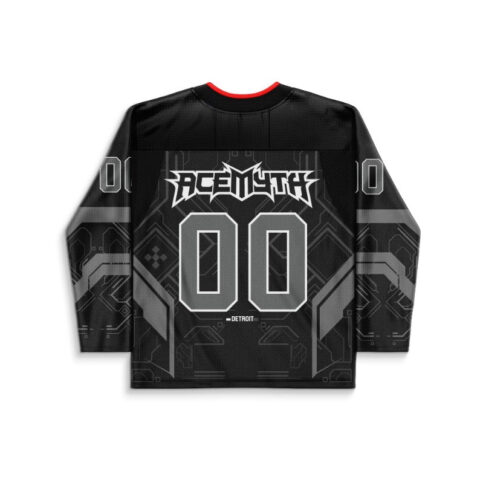 Futuristic circuit jersey back view with oversized 00 numerals and ACEMYTH lettering