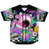 Subtronics fan rave baseball jersey in black with neon eyeball monster graphic and checkerboard panels, front view