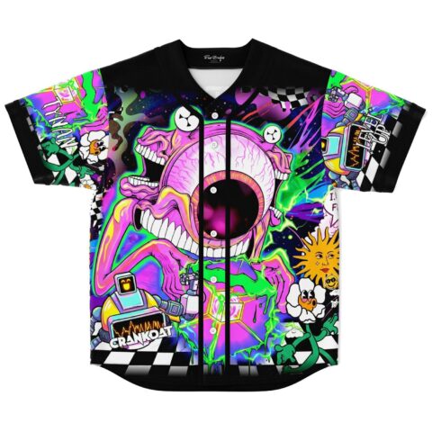 Black baseball jersey with neon eyeball monster graphic and checkerboard panels, front view