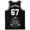 Cartoon-style slot graphic with dice and reel figures; SLAMOS and 67 mark the black front