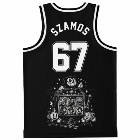 Cartoon-style slot graphic with dice and reel figures; SLAMOS and 67 mark the black front