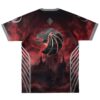 Seven Lions fan rave soccer jersey with lion emblem over gothic castle and red sky graphic, back view