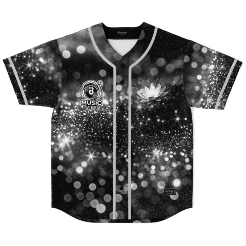 Black and white sparkling bokeh pattern with lotus and MUSIC VIBE text, front view