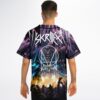 Purple lightning concert-stage pattern with white emblem and crowd scene, worn in a rear view