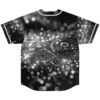 Black and white sparkling bokeh DJ turntable pattern across the back, flat lay rear view