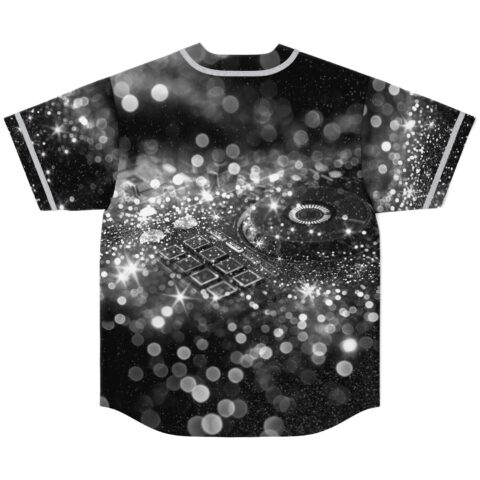 Black and white sparkling bokeh DJ turntable pattern across the back, flat lay rear view