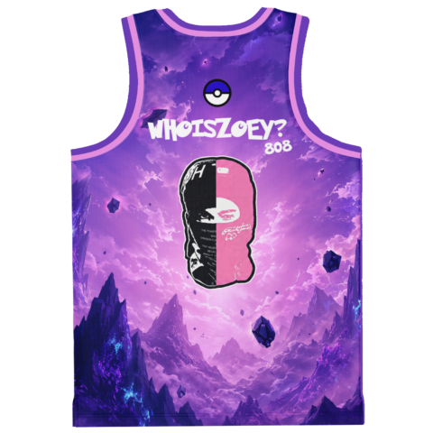 Festival-themed purple mountain print with split-tone face, “WHOISZOEY?” and “808” text, back view