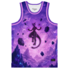 Anime-inspired psychic feline artwork with floating crystals over a neon purple mountain landscape, front view