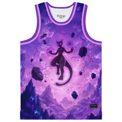 Anime-inspired psychic feline artwork with floating crystals over a neon purple mountain landscape, front view