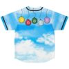 Blue sky and cloud print with colorful hanging letter ornaments, back view of festival jersey