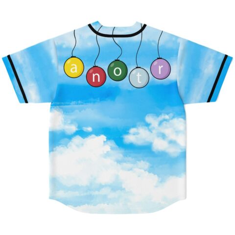 Blue sky and cloud print with colorful hanging letter ornaments, back view of festival jersey