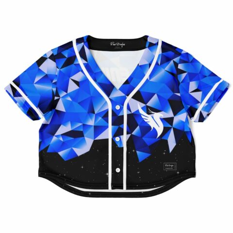 Cropped baseball jersey with blue geometric pattern on black base