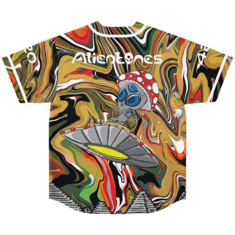 Olive liquid marble back view with large saucer-riding alien graphic and readable “Aliens” lettering