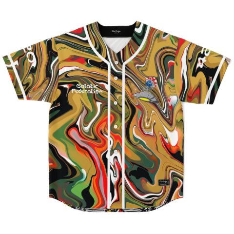 Olive liquid marble front view, white piping, “Galactic Federation” text, flying saucer graphic