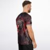 Lion emblem and gothic castle print on maroon Seven Lions fan rave soccer jersey, back view on model