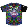 Neon talavera swirl jersey, back view with “PURO PINCHE RAVE” text, displayed against white