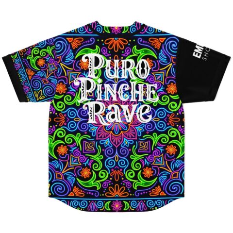 Neon talavera swirl jersey, back view with “PURO PINCHE RAVE” text, displayed against white