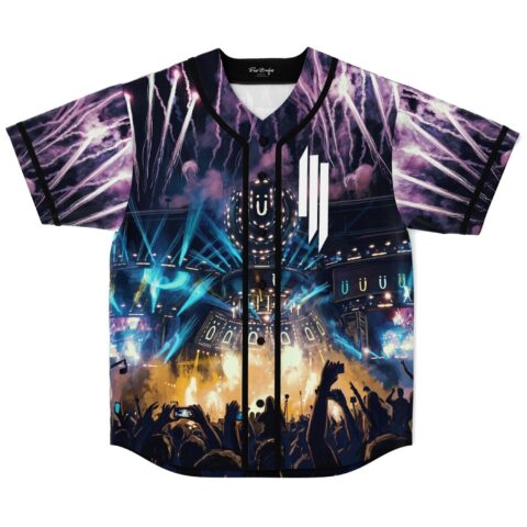 Purple lightning concert-stage pattern on front with glowing lights and cheering crowd, flat-lay front view