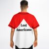 Red-and-white color-block baseball jersey with “Lost Americana” graphic, model rear view