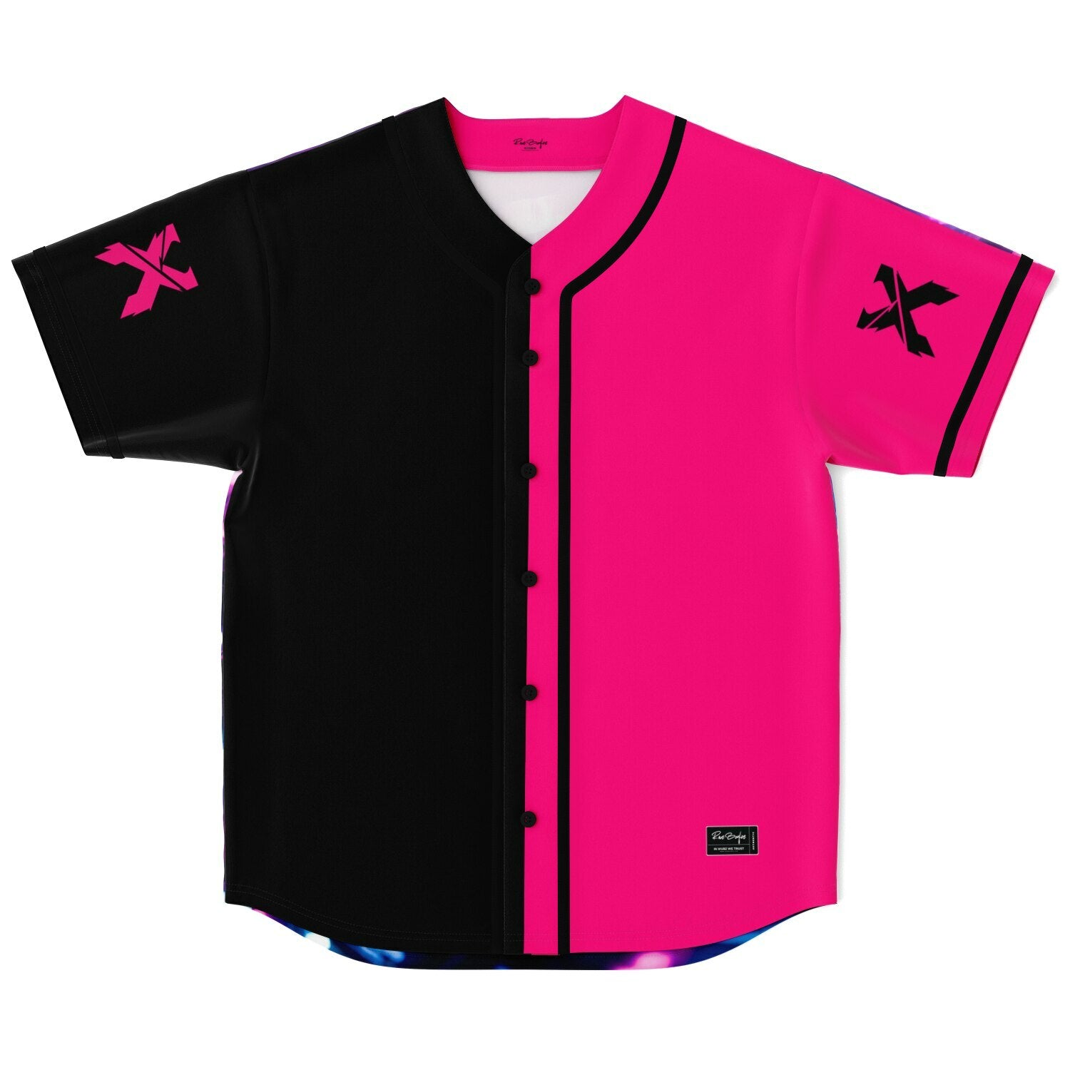 Pink and black split baseball jersey front with X logo sleeve patches