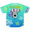 Aqua doodle cartoon rave baseball jersey — aqua-to-blue gradient with sea flowers and a scribbled cartoon character on the chest