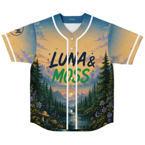 Luna & Moss rave baseball jersey — serene forest, golden sunset – back view