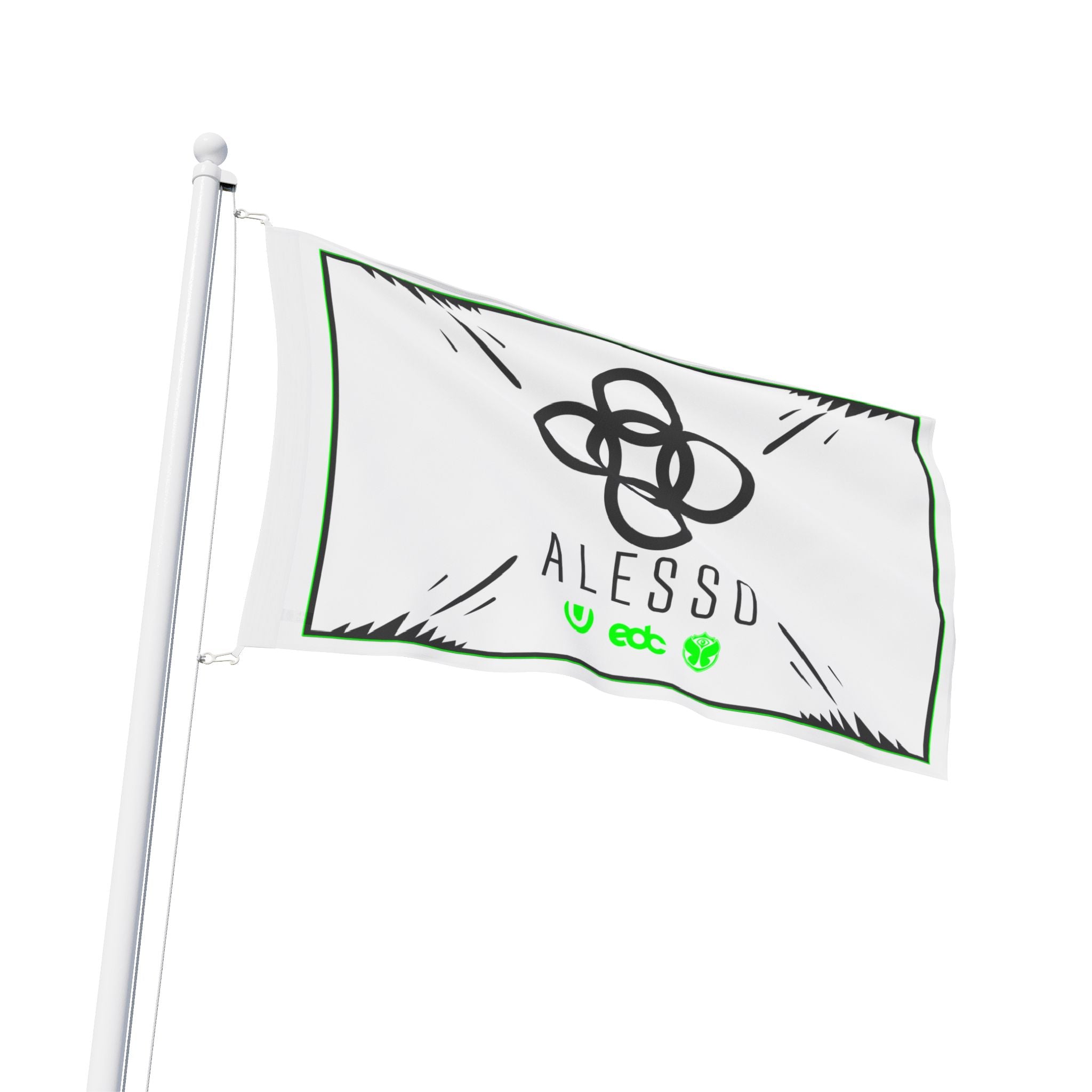 Outdoor flag waving interlocking rings logo ALESSO text green EDC Tomorrowland icons
