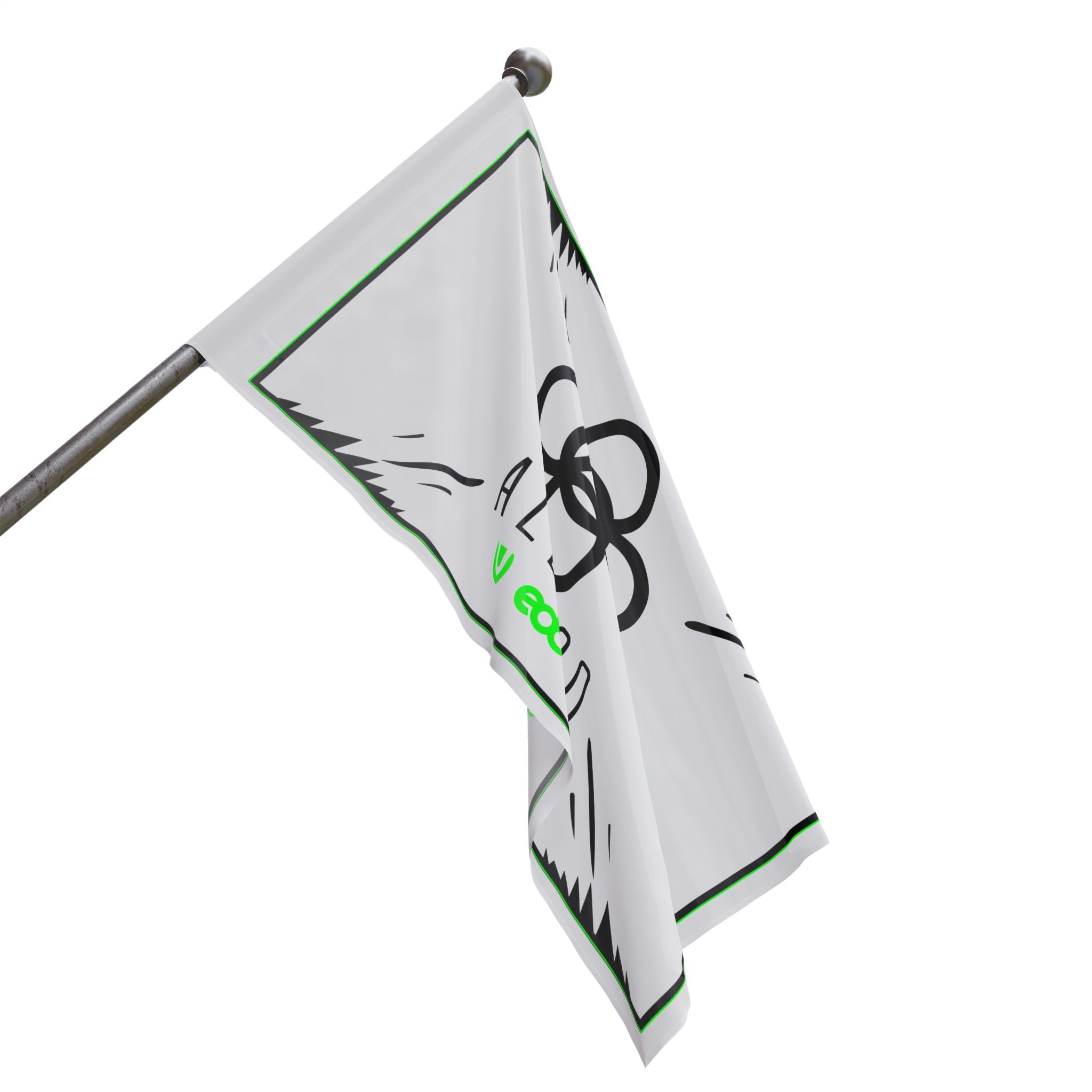 Close-up side angle flag on pole interlocking rings logo and green trim edge