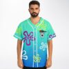 Teal doodle character rave baseball jersey, view 3 — sea flower print on the teal-to-blue gradient