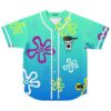 Teal doodle character rave baseball jersey back view — large scribbled cartoon character holding a bottle over its head