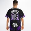 Purple liquid rave baseball jersey with liquid-marble smoke swirls on a starry space background – view 3