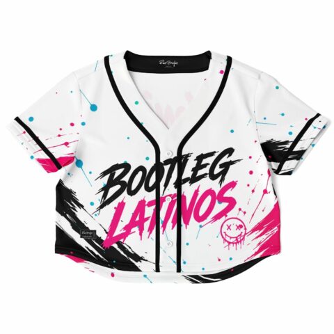 Bootleg Latinos cropped rave baseball jersey — graffiti brush, white