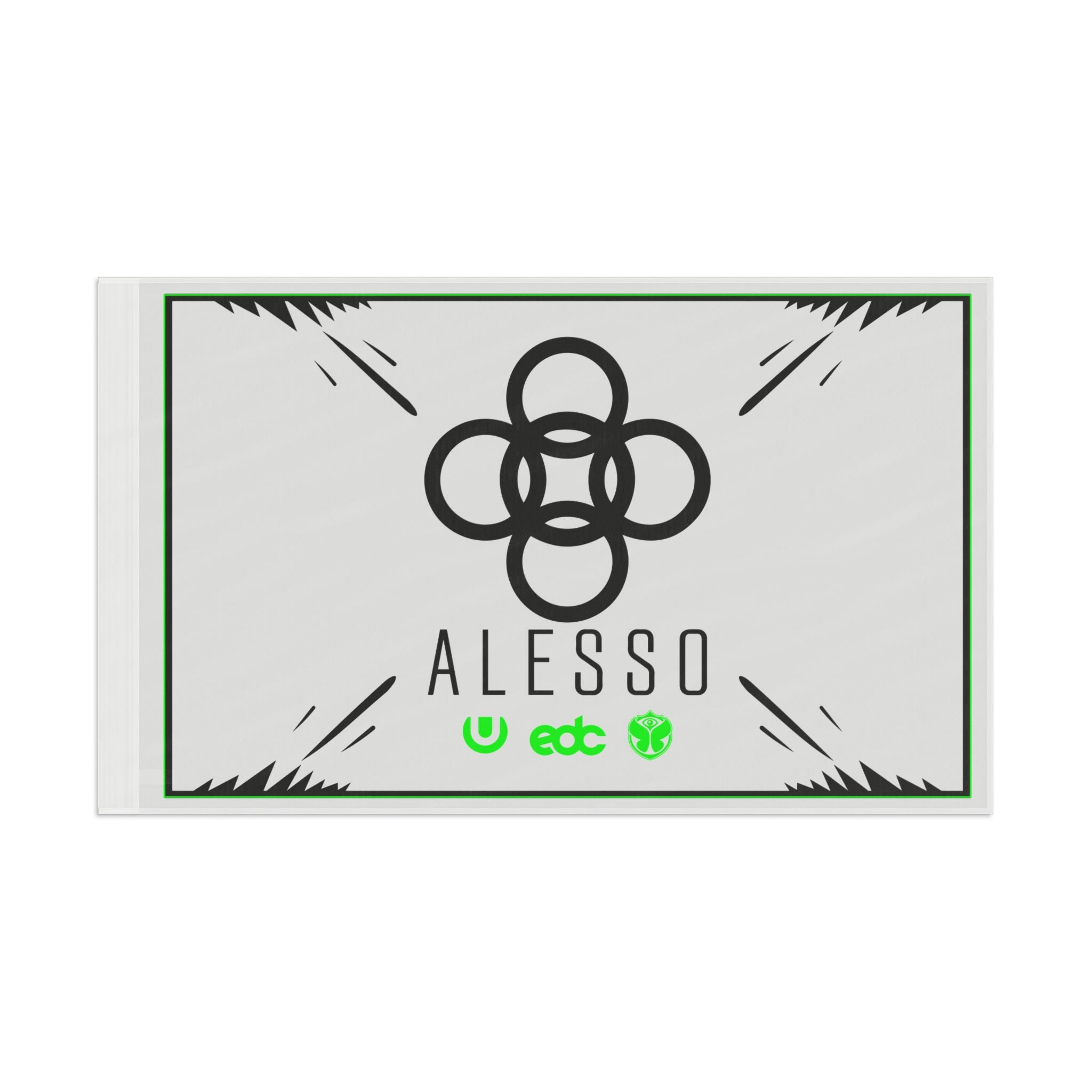 White festival flag interlocking rings logo ALESSO text with green border