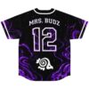 Black purple liquid marble rave baseball jersey — purple smoke swirls on a starry black background with white trim