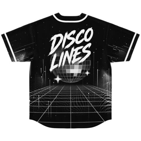 Disco Lines rave baseball jersey — retro futuristic, black – back view