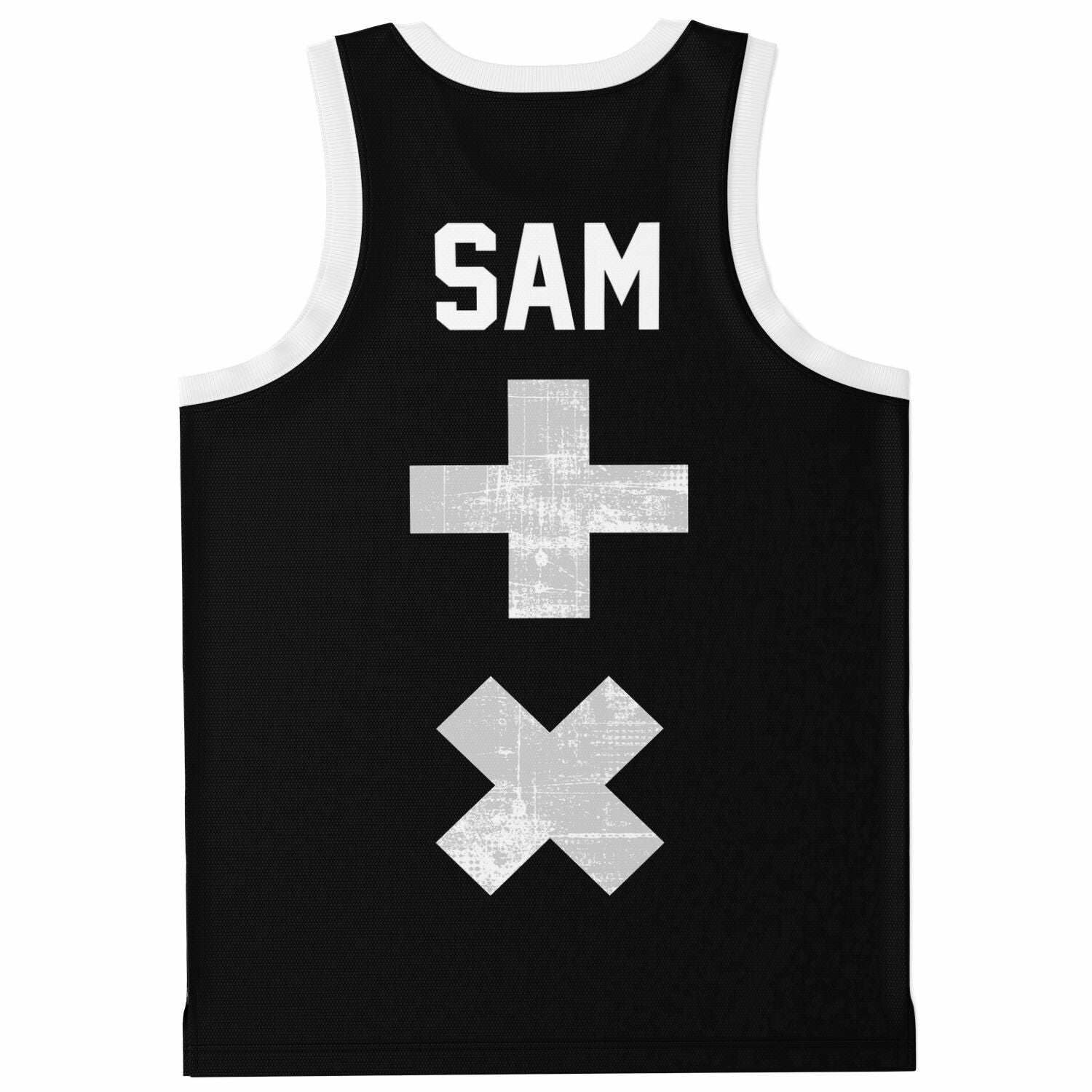 Black basketball jersey back with SAM text and distressed plus and X symbols