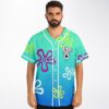 Aqua doodle cartoon rave baseball jersey, view 3 — aqua-to-blue gradient with the sea flower print